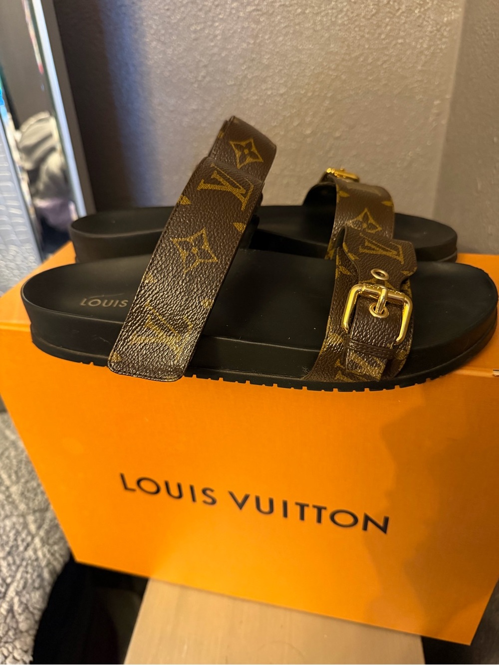 Louis Vuitton Brown Monogram Double Strap Sandals with Gold Buckles - Picture 2 of 9